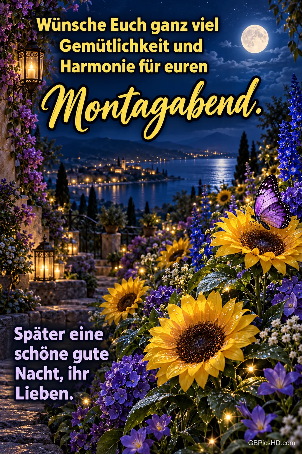 Sonnenblumen und lila Blüten in einem nächtlichen Garten mit Laternen, Schmetterling und Mondschein über dem See, dazu ein Gruß für einen harmonischen Montagabend