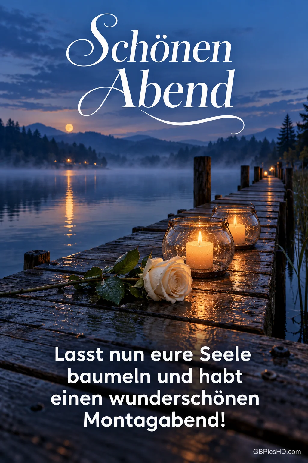 Ein nasser Holzsteg an einem nebligen See in der Abenddämmerung mit Windlichtern und einer weißen Rose, dazu der Wunsch für einen wunderschönen Montagabend