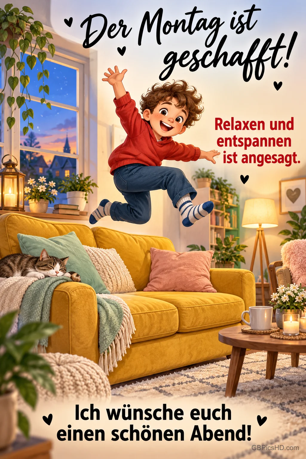 Fröhlicher Junge springt über ein gelbes Sofa in einem gemütlichen Wohnzimmer mit Katze, Pflanzen und Kerzen, Text "Der Montag ist geschafft!" und Abendgruß