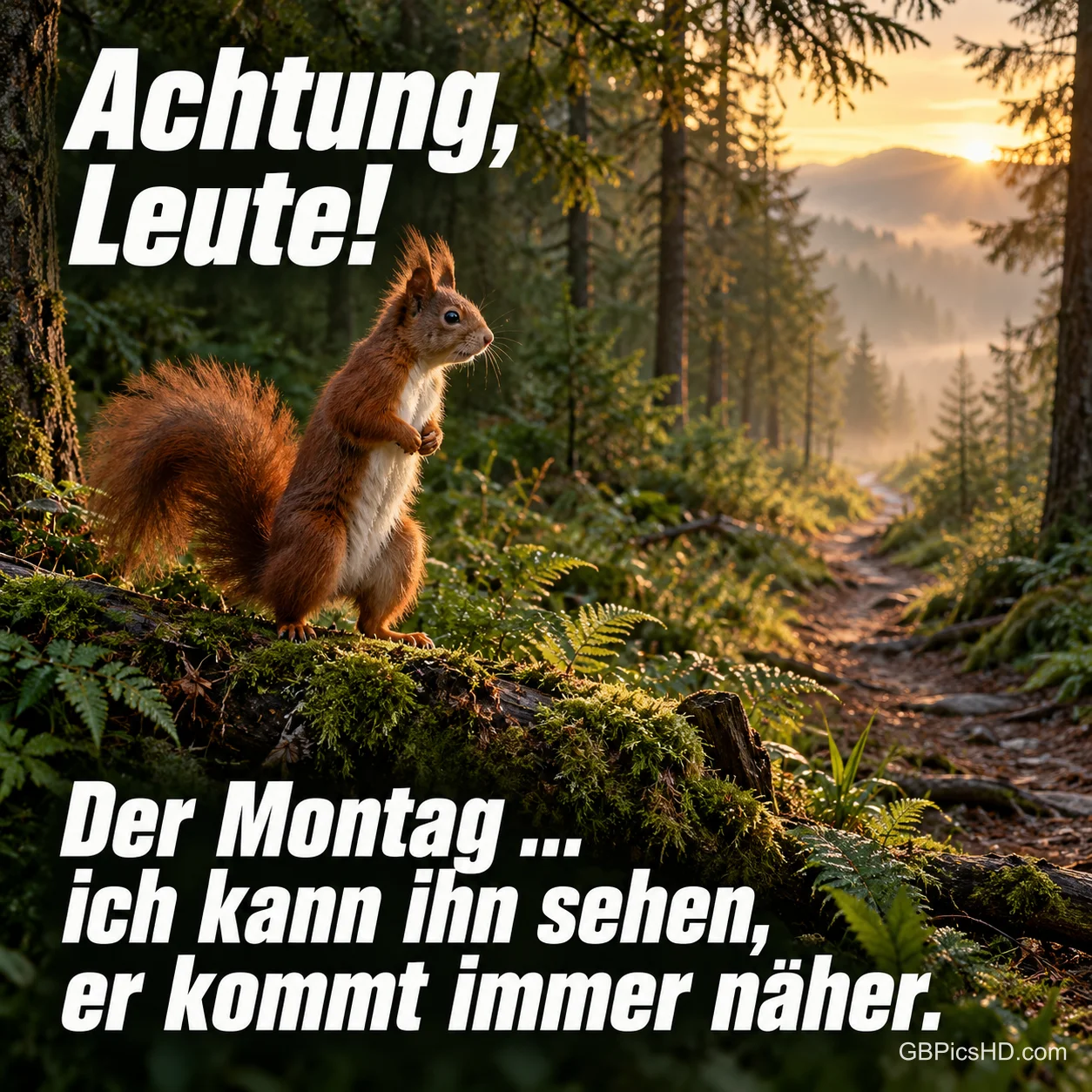 Rotes Eichhörnchen steht aufgerichtet auf einem bemoosten Baumstamm im Wald und blickt einen Waldweg entlang ins Abendlicht, mit Warnung vor dem nahenden Montag