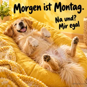 Fröhlicher Golden Retriever liegt entspannt auf dem Rücken in einem gelben Sitzsack mit Strickdecke, daneben der Spruch "Morgen ist Montag. Na und? Mir egal"