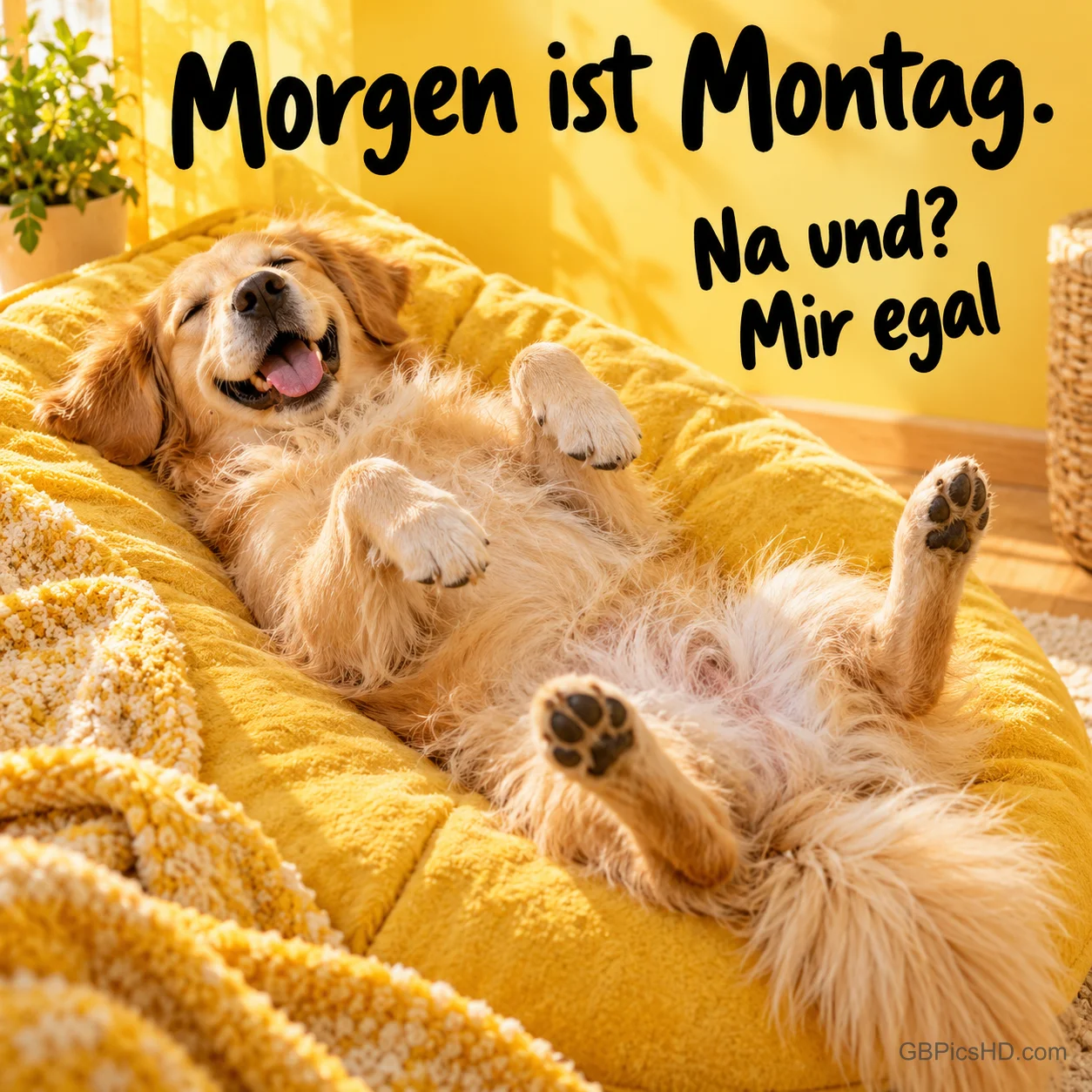 Fröhlicher Golden Retriever liegt entspannt auf dem Rücken in einem gelben Sitzsack mit Strickdecke, daneben der Spruch "Morgen ist Montag. Na und? Mir egal"
