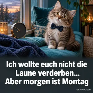 Getigertes Kätzchen mit dunkelblauer Fliege sitzt auf einem Samtsofa am Fenster im Abendlicht, neben einer Uhr und Kerzen, dazu ein Hinweis auf den Montag