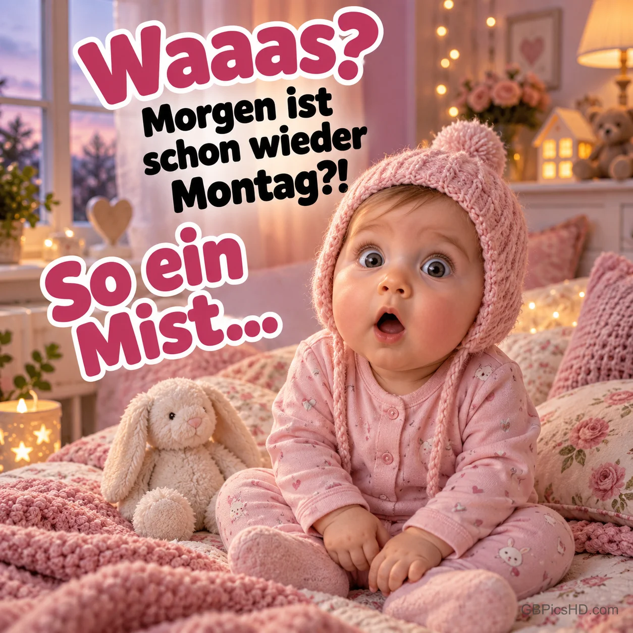 Überraschtes Baby mit rosa Strickmütze sitzt auf einer Kuscheldecke neben einem Stoffhasen in einem gemütlichen Kinderzimmer, Text: "Waaas? Morgen ist schon wieder Montag?!"