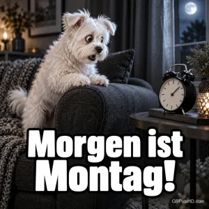 Weißer, zotteliger Hund lugt am Abend erschrocken über die Sofalehne zu einem Wecker auf dem Beistelltisch, durch das Fenster scheint der Mond