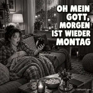 Schwarz-weiße Szene einer Frau im karierten Schlafanzug, die auf dem Sofa unter einer Decke entsetzt auf einen Wecker blickt, davor Popcorn und Kerzen