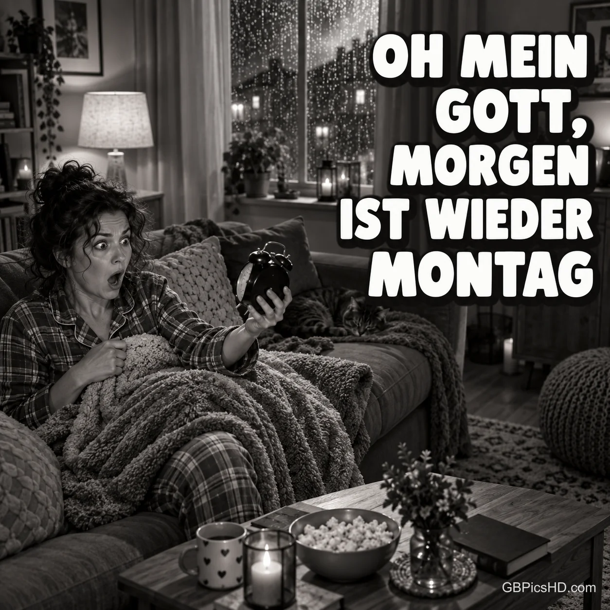 Schwarz-weiße Szene einer Frau im karierten Schlafanzug, die auf dem Sofa unter einer Decke entsetzt auf einen Wecker blickt, davor Popcorn und Kerzen