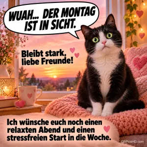 Schwarz-weiße Katze sitzt mit großen Augen auf einer rosa Strickdecke am Fenster bei Sonnenuntergang, mit Sprechblase und Wünschen für einen stressfreien Wochenstart