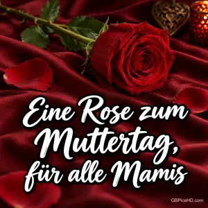Eine rote Rose auf dunkelrotem Samt mit dem Schriftzug "Eine Rose zum Muttertag, für alle Mamis".