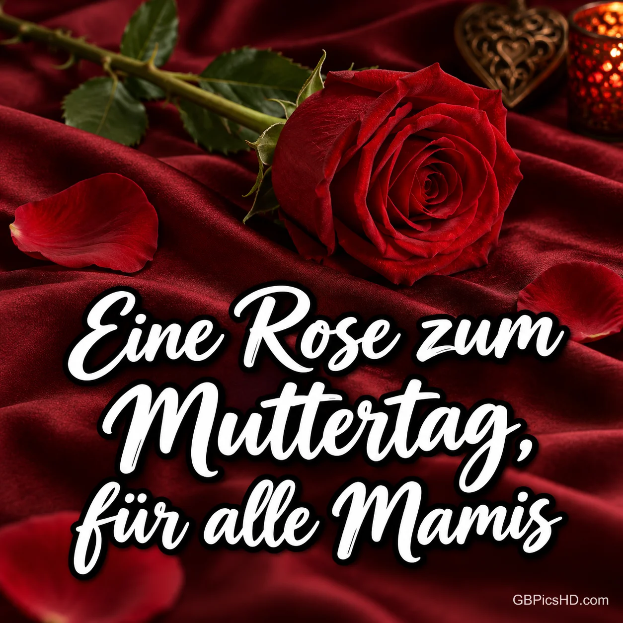 Eine rote Rose auf dunkelrotem Samt mit dem Schriftzug "Eine Rose zum Muttertag, für alle Mamis". Eine rote Rose auf dunkelrotem Samt mit dem Schriftzug "Eine Rose zum Muttertag, für alle Mamis".