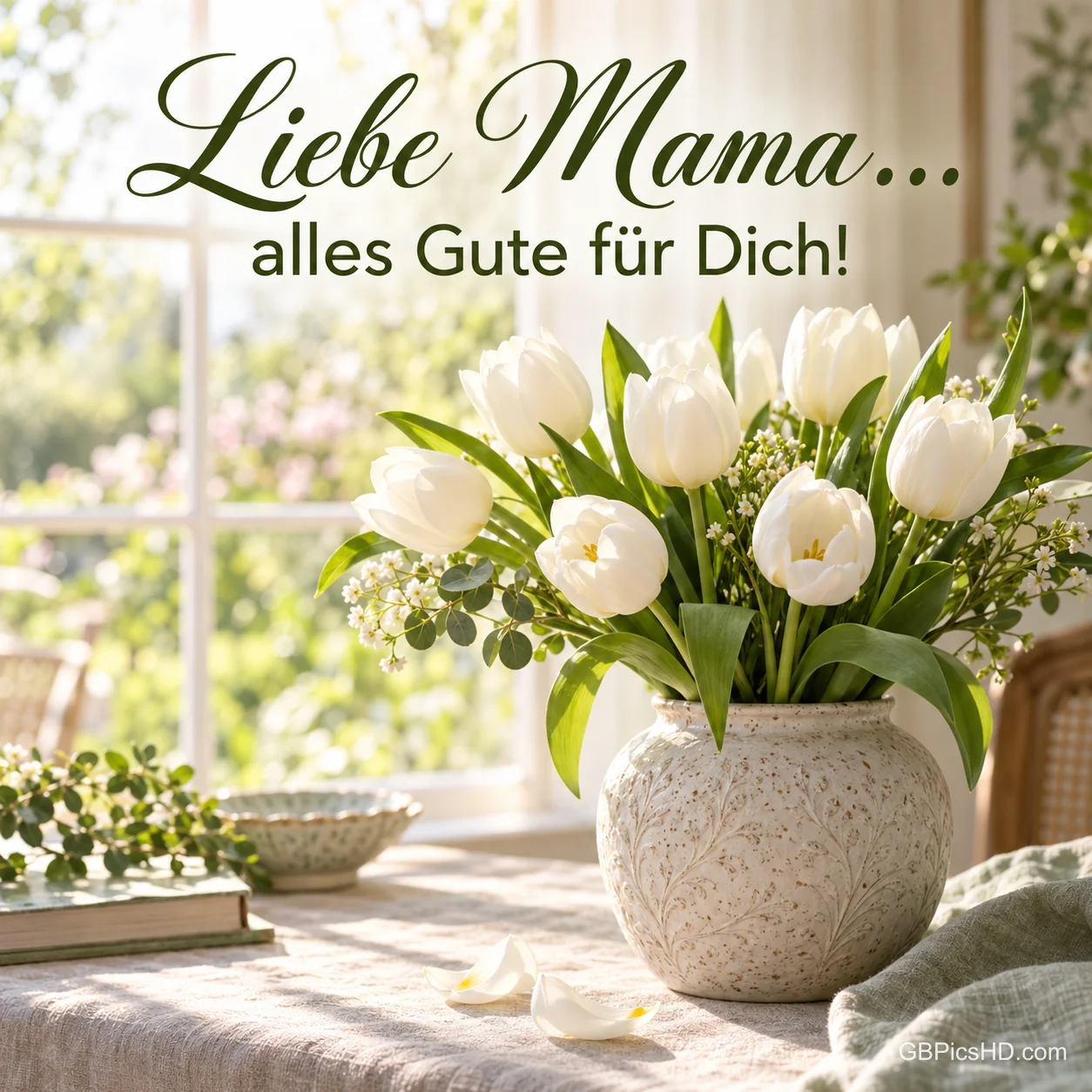 Weiße Tulpen in einer Vase am sonnigen Fenster mit dem Text "Liebe Mama... alles Gute für Dich!". Weiße Tulpen in einer Vase am sonnigen Fenster mit dem Text "Liebe Mama... alles Gute für Dich!".
