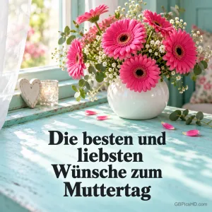 Pinke Gerbera in einer weißen Vase auf einem türkisfarbenen Tisch mit dem Spruch "Die besten und liebsten Wünsche zum Muttertag".