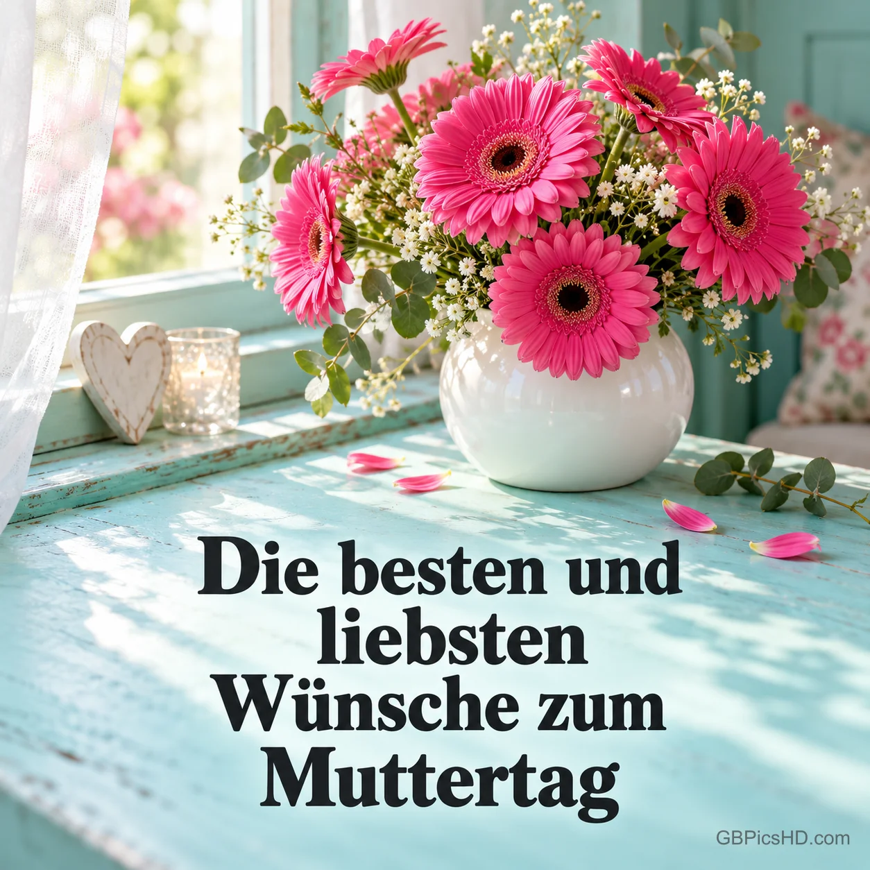 Pinke Gerbera in einer weißen Vase auf einem türkisfarbenen Tisch mit dem Spruch "Die besten und liebsten Wünsche zum Muttertag". Pinke Gerbera in einer weißen Vase auf einem türkisfarbenen Tisch mit dem Spruch "Die besten und liebsten Wünsche zum Muttertag".