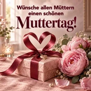 Ein Geschenk mit herzförmiger Schleife und rosa Pfingstrosen, darüber steht "Wünsche allen Müttern einen schönen Muttertag!".