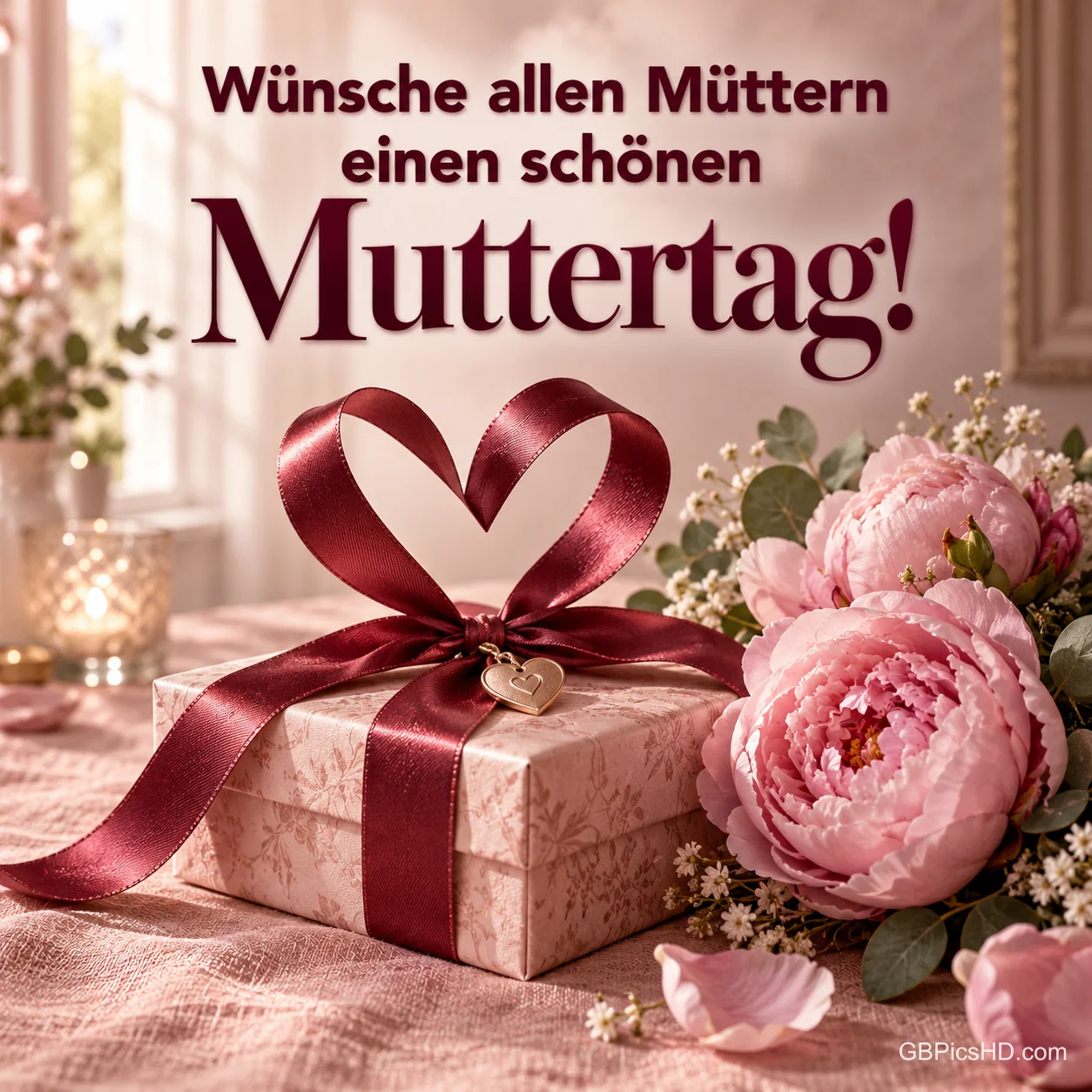 Ein Geschenk mit herzförmiger Schleife und rosa Pfingstrosen, darüber steht "Wünsche allen Müttern einen schönen Muttertag!". Ein Geschenk mit herzförmiger Schleife und rosa Pfingstrosen, darüber steht "Wünsche allen Müttern einen schönen Muttertag!".