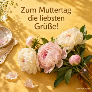 Weiße und rosa Pfingstrosen auf einer sonnigen gelben Tischdecke mit dem Text "Zum Muttertag die liebsten Grüße!".