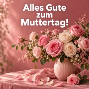 Ein üppiger Strauß rosa Rosen in einer Vase vor rosafarbenem Hintergrund mit dem Gruß "Alles Gute zum Muttertag!".