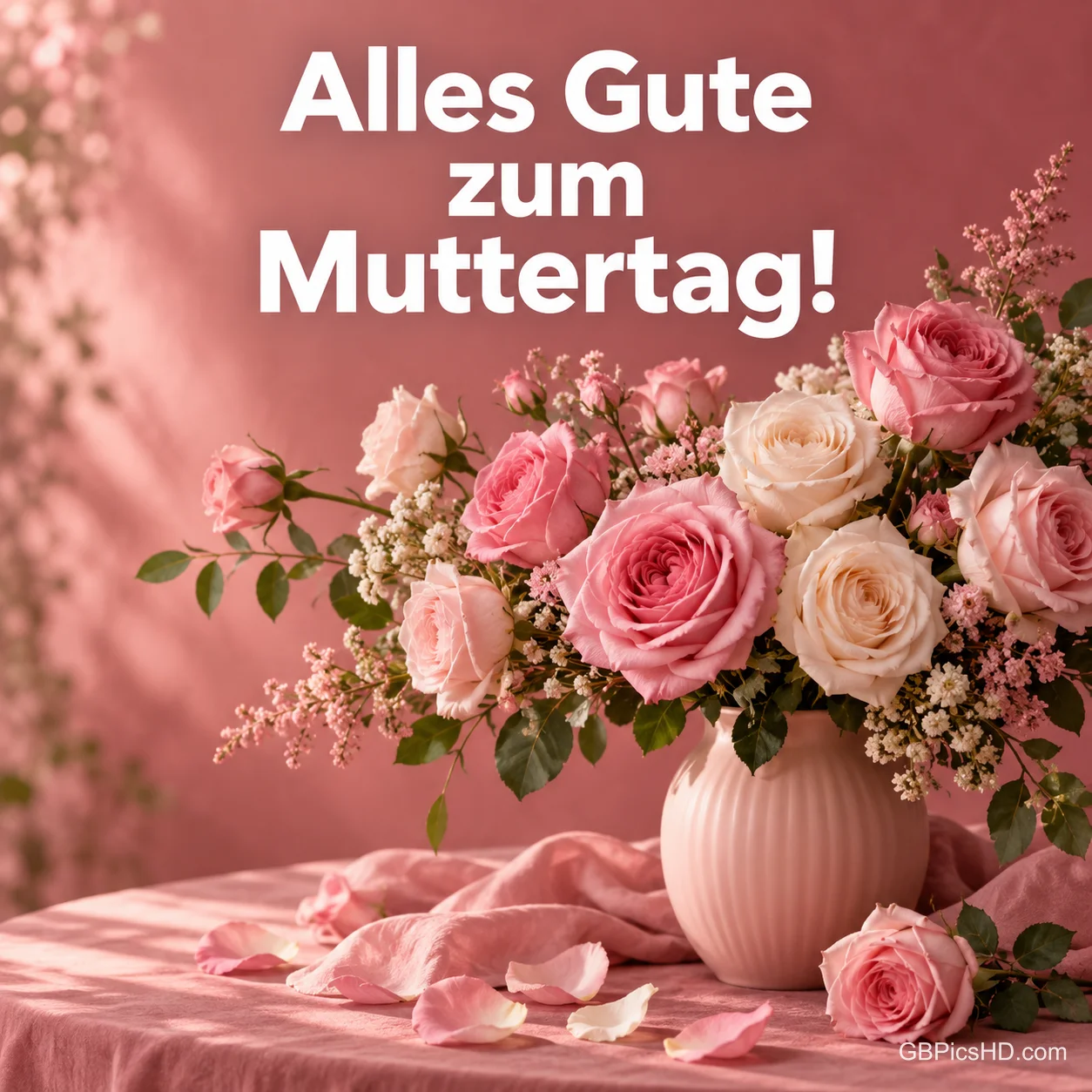 Ein üppiger Strauß rosa Rosen in einer Vase vor rosafarbenem Hintergrund mit dem Gruß "Alles Gute zum Muttertag!". Ein üppiger Strauß rosa Rosen in einer Vase vor rosafarbenem Hintergrund mit dem Gruß "Alles Gute zum Muttertag!".