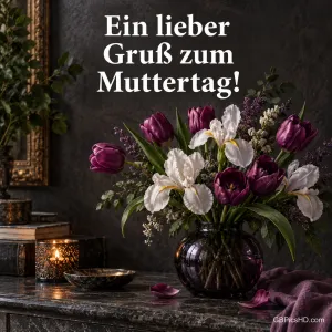Lila Tulpen und weiße Iris in einer dunklen Vase bei Kerzenlicht mit dem Text "Ein lieber Gruß zum Muttertag!".