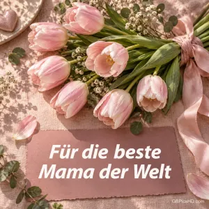 Ein Strauß rosa Tulpen mit Seidenschleife und einem Kärtchen mit der Aufschrift "Für die beste Mama der Welt".