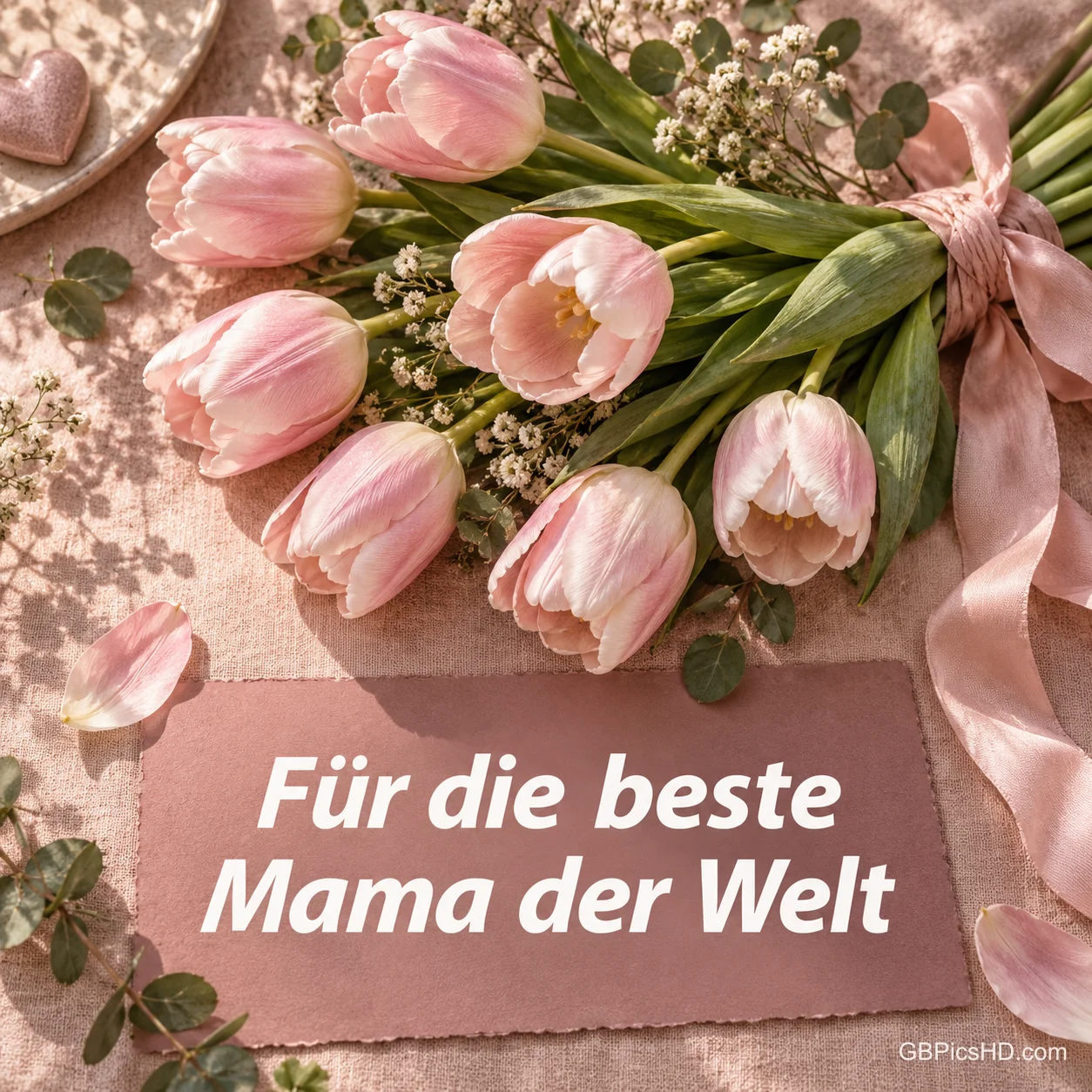 Ein Strauß rosa Tulpen mit Seidenschleife und einem Kärtchen mit der Aufschrift "Für die beste Mama der Welt". Ein Strauß rosa Tulpen mit Seidenschleife und einem Kärtchen mit der Aufschrift "Für die beste Mama der Welt".