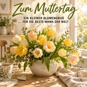 Gelbe und weiße Tulpen in einer Keramikvase auf einem sonnigen Holztisch mit dem Gruß "Zum Muttertag – ein kleiner Blumengruß ... für die beste Mama der Welt".
