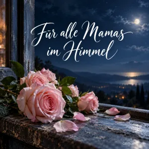 Rosa Rosen auf einer Fensterbank unter nächtlichem Mondhimmel mit dem Schriftzug "Für alle Mamas im Himmel".