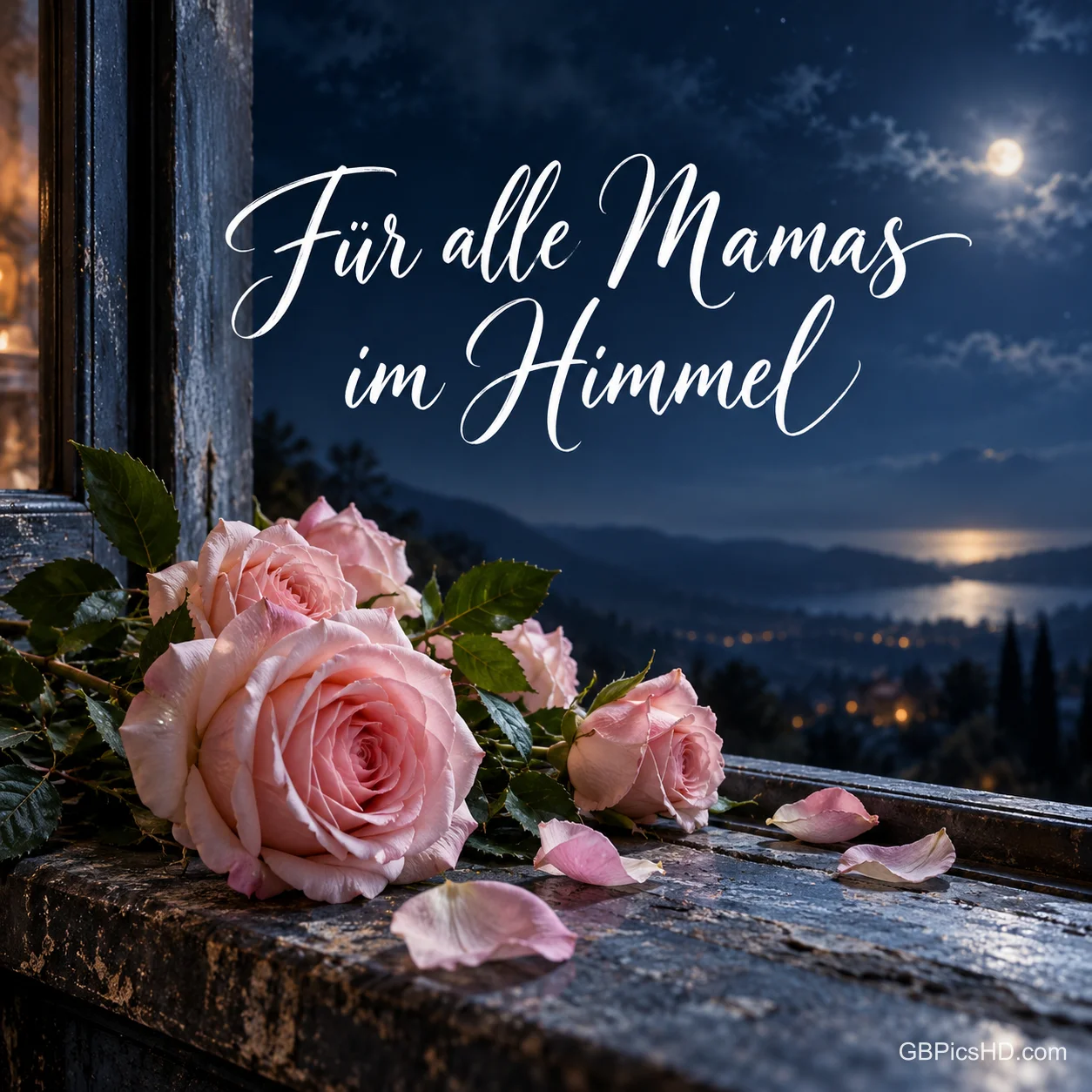 Rosa Rosen auf einer Fensterbank unter nächtlichem Mondhimmel mit dem Schriftzug "Für alle Mamas im Himmel". Rosa Rosen auf einer Fensterbank unter nächtlichem Mondhimmel mit dem Schriftzug "Für alle Mamas im Himmel".