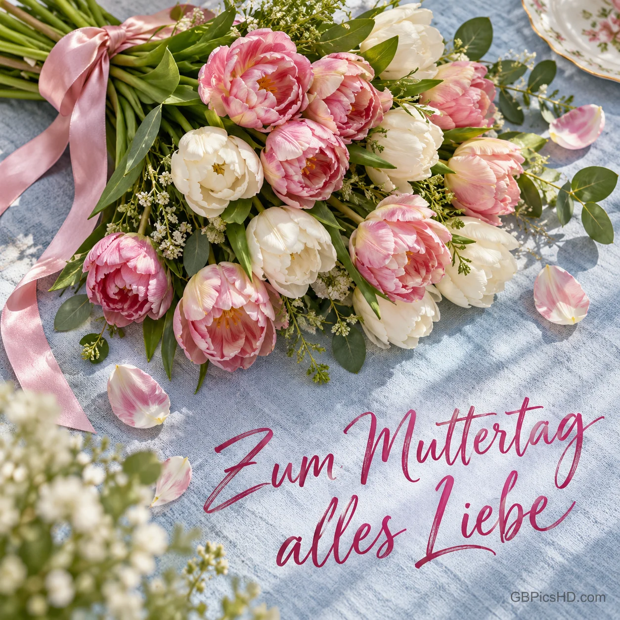 Ein Strauß rosa und weißer Tulpen mit Schleife auf einer blauen Tischdecke und dem Text "Zum Muttertag alles Liebe". Ein Strauß rosa und weißer Tulpen mit Schleife auf einer blauen Tischdecke und dem Text "Zum Muttertag alles Liebe".