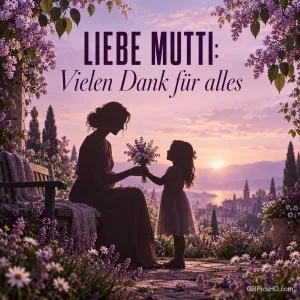Silhouette eines Mädchens, das seiner Mutter im lila Abendlicht Blumen schenkt, mit dem Text "Liebe Mutti: Vielen Dank für alles".