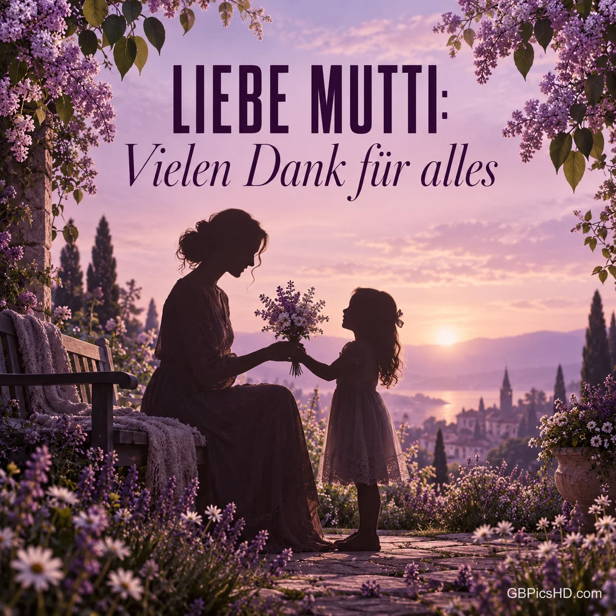 Silhouette eines Mädchens, das seiner Mutter im lila Abendlicht Blumen schenkt, mit dem Text "Liebe Mutti: Vielen Dank für alles". Silhouette eines Mädchens, das seiner Mutter im lila Abendlicht Blumen schenkt, mit dem Text "Liebe Mutti: Vielen Dank für alles".