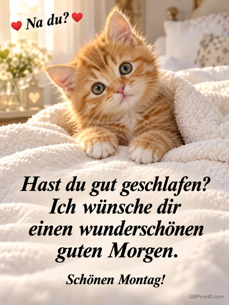 Ein rotes Kätzchen schaut aus einer weißen Kuscheldecke im Morgenlicht, dazu "Na du? Hast du gut geschlafen? Ich wünsche dir einen wunderschönen guten Morgen." und "Schönen Montag!".