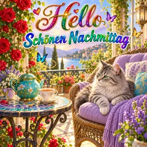 Eine Katze ruht im Korbsessel neben einem Tisch mit Teekanne und Tasse auf einer blühenden Terrasse; oben "Hello Schönen Nachmittag".