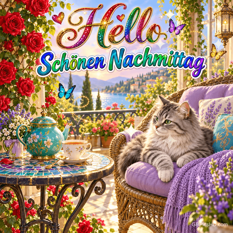 Eine Katze ruht im Korbsessel neben einem Tisch mit Teekanne und Tasse auf einer blühenden Terrasse; oben "Hello Schönen Nachmittag". Eine Katze ruht im Korbsessel neben einem Tisch mit Teekanne und Tasse auf einer blühenden Terrasse; oben "Hello Schönen Nachmittag".