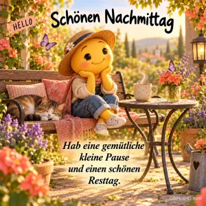 Eine gelbe Figur mit Strohhut sitzt neben einer schlafenden Katze auf einer Gartenbank; darüber steht "Schönen Nachmittag".