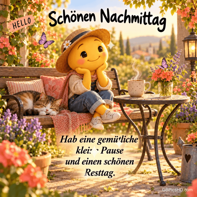Eine gelbe Figur mit Strohhut sitzt neben einer schlafenden Katze auf einer Gartenbank; darüber steht "Schönen Nachmittag". Eine gelbe Figur mit Strohhut sitzt neben einer schlafenden Katze auf einer Gartenbank; darüber steht "Schönen Nachmittag".