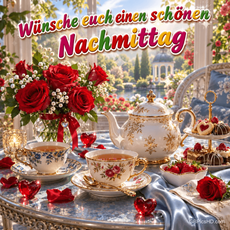 Rote Rosen, Teegeschirr, Gebäck und Erdbeeren auf einem Gartentisch mit "Wünsche euch einen schönen Nachmittag". Rote Rosen, Teegeschirr, Gebäck und Erdbeeren auf einem Gartentisch mit "Wünsche euch einen schönen Nachmittag".