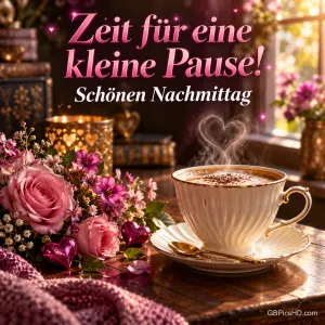 Eine dampfende Tasse, rosa Blumen und ein Windlicht im Sonnenlicht mit "Zeit für eine kleine Pause! Schönen Nachmittag".