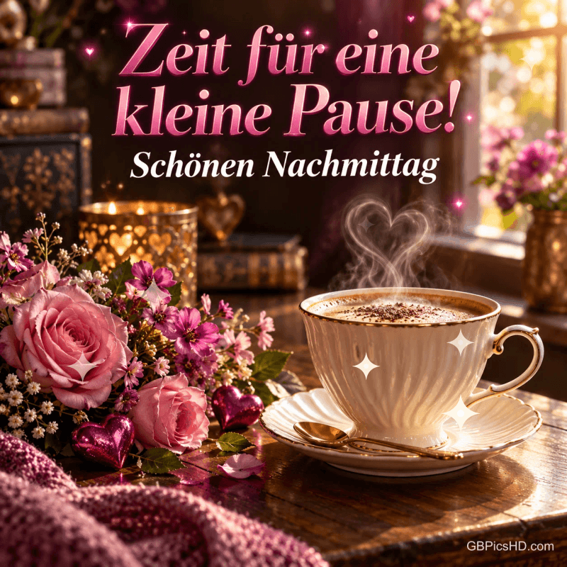 Eine dampfende Tasse, rosa Blumen und ein Windlicht im Sonnenlicht mit "Zeit für eine kleine Pause! Schönen Nachmittag". Eine dampfende Tasse, rosa Blumen und ein Windlicht im Sonnenlicht mit "Zeit für eine kleine Pause! Schönen Nachmittag".