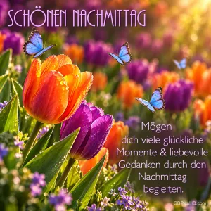 Tulpen und Falter mit "Schönen Nachmittag Mögen dich viele glückliche Momente & liebevolle Gedanken durch den Nachmittag begleiten.".