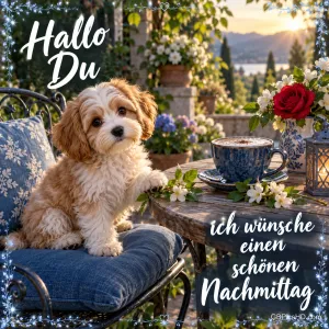 Ein kleiner Hund auf einem blauen Gartenstuhl neben einer Tasse und einer roten Rose mit "Hallo du ich wünsche einen schönen Nachmittag".