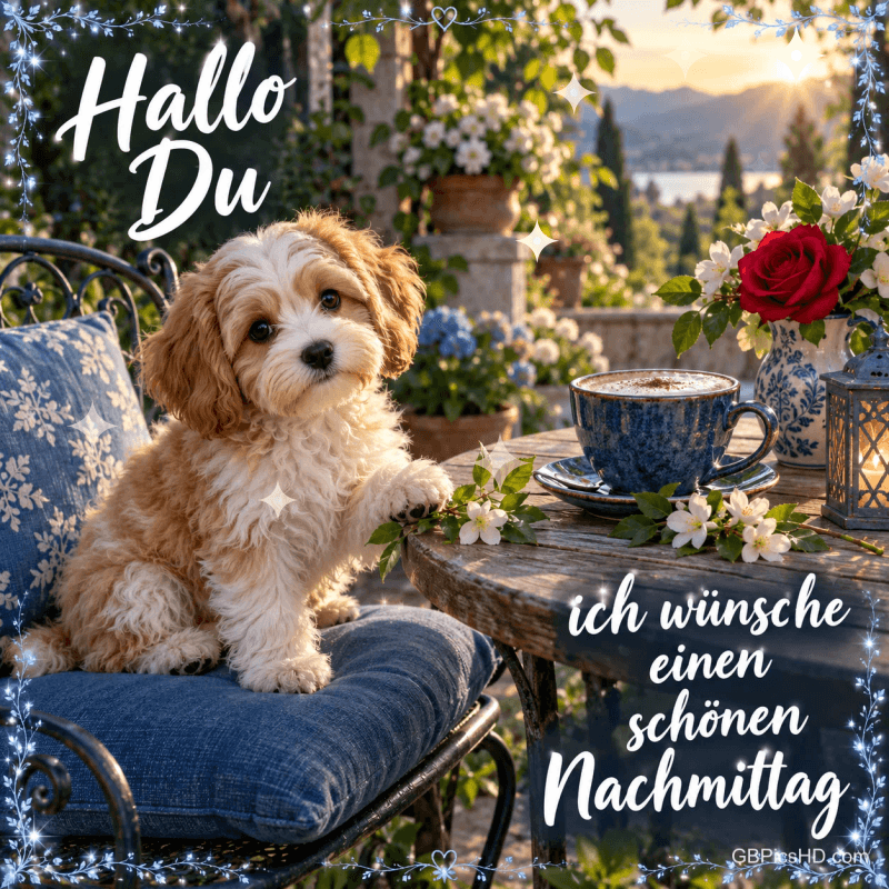 Ein kleiner Hund auf einem blauen Gartenstuhl neben einer Tasse und einer roten Rose mit "Hallo du ich wünsche einen schönen Nachmittag". Ein kleiner Hund auf einem blauen Gartenstuhl neben einer Tasse und einer roten Rose mit "Hallo du ich wünsche einen schönen Nachmittag".