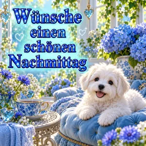 Ein weißer Hund auf einem blauen Sessel neben blauen Blumen und einer Teetasse mit "Wünsche einen schönen Nachmittag".