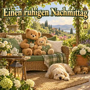 Zwei Teddybären auf einem Gartensofa und zwei schlafende Hunde zwischen Blumen mit "Einen ruhigen Nachmittag".