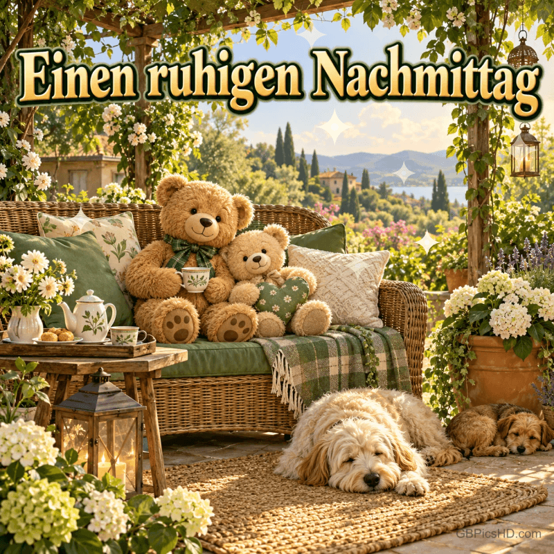 Zwei Teddybären auf einem Gartensofa und zwei schlafende Hunde zwischen Blumen mit "Einen ruhigen Nachmittag". Zwei Teddybären auf einem Gartensofa und zwei schlafende Hunde zwischen Blumen mit "Einen ruhigen Nachmittag".