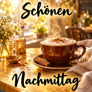 Eine dampfende braune Tasse mit Milchschaum, Zimtstangen und Blumen im goldenen Sonnenlicht mit "Schönen Nachmittag".