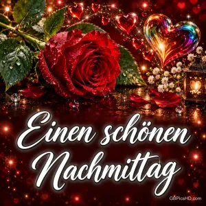 Eine rote Rose mit Wassertropfen, glänzende Herzen und eine leuchtende Laterne mit "Einen schönen Nachmittag".
