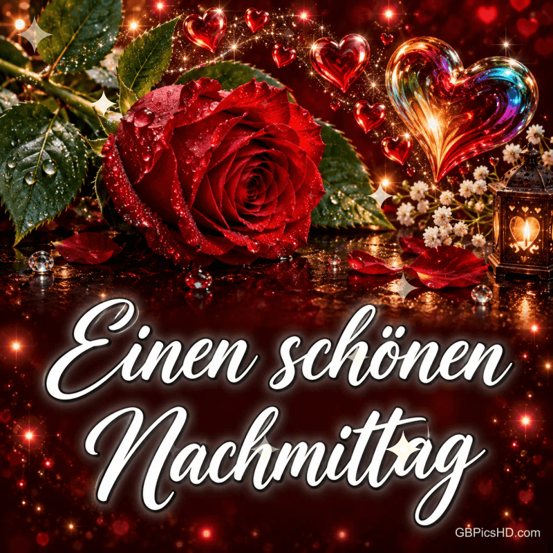 Eine rote Rose mit Wassertropfen, glänzende Herzen und eine leuchtende Laterne mit "Einen schönen Nachmittag". Eine rote Rose mit Wassertropfen, glänzende Herzen und eine leuchtende Laterne mit "Einen schönen Nachmittag".