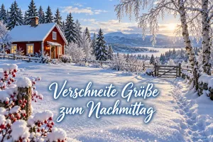 Verschneites rotes Haus, Tannen und Birken mit "Verschneite Grüße zum Nachmittag".