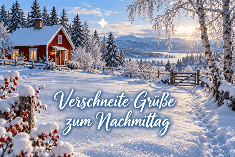 Verschneites rotes Haus, Tannen und Birken mit "Verschneite Grüße zum Nachmittag". Verschneites rotes Haus, Tannen und Birken mit "Verschneite Grüße zum Nachmittag".